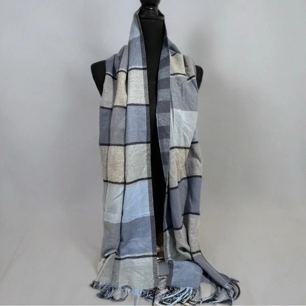 Super SoftDouble sided Plaid & Checked Pattern Blue Toned Long Scarf NEW